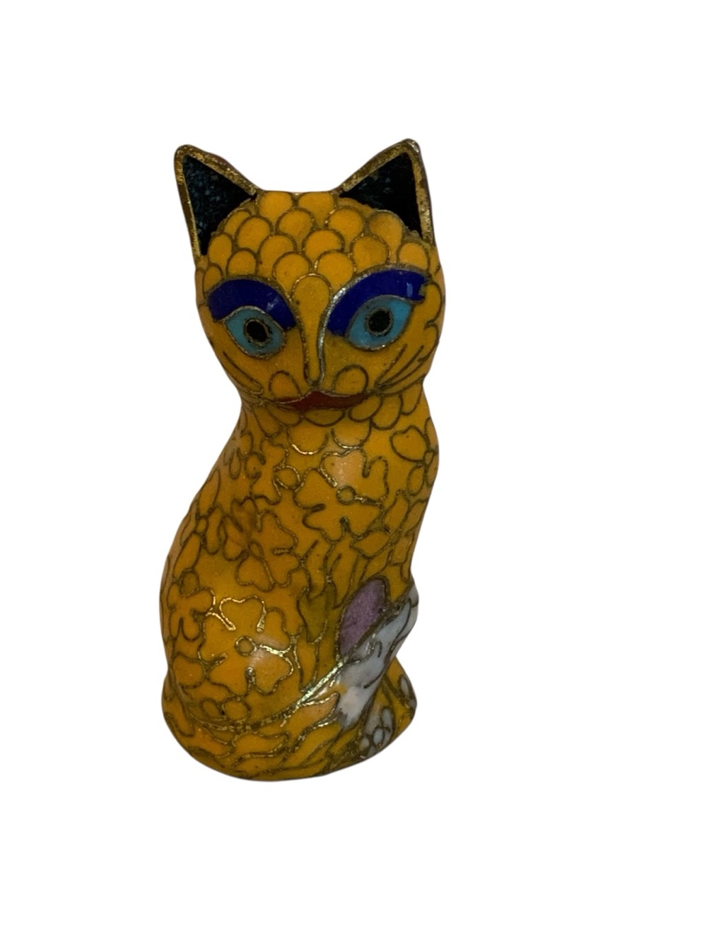 Vintage 3" Floral Flower Cloisonné Enamel On Copper Cat Kitten Kitty Figurine